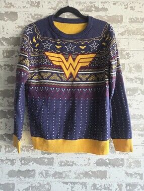 DC Comics Wonder Woman Ugly Christmas Sweater Men's Large Navy Fair Isle Knit